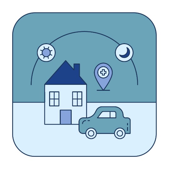 Illustrated car and house, showing that the patient will be closely monitored for side effects following infusion.