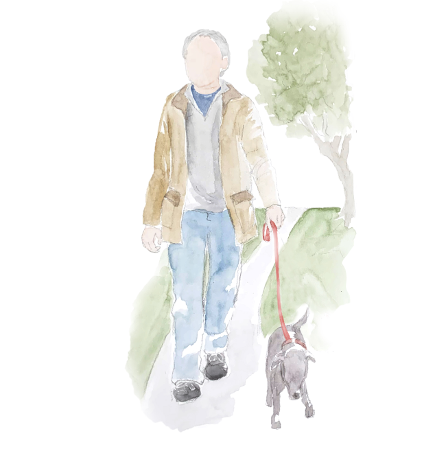 Hypothetical Breyanzi® (lisocabtagene maraleucel) care partner walking dog